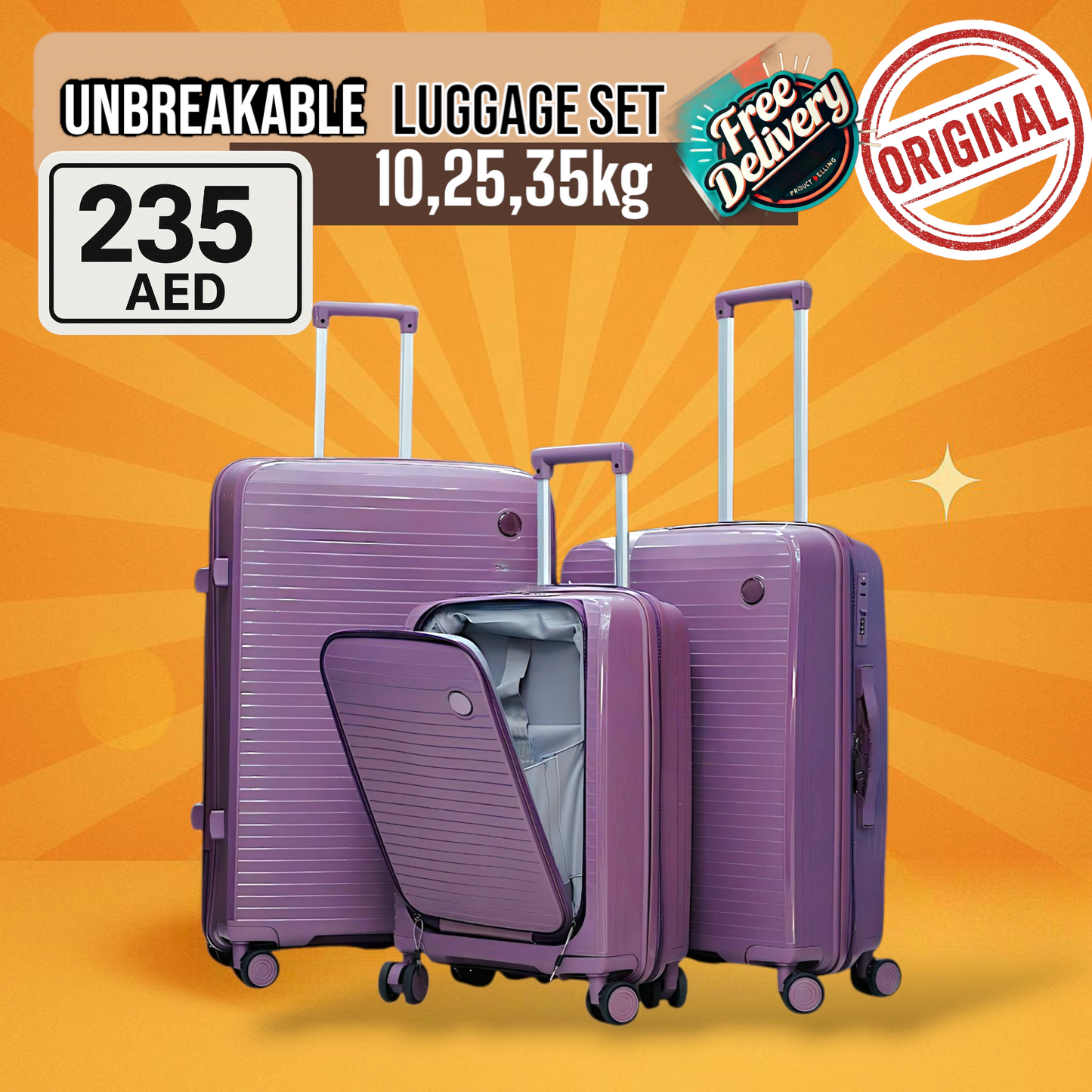 Front Open Unbreakable 3pcs Luggage Set